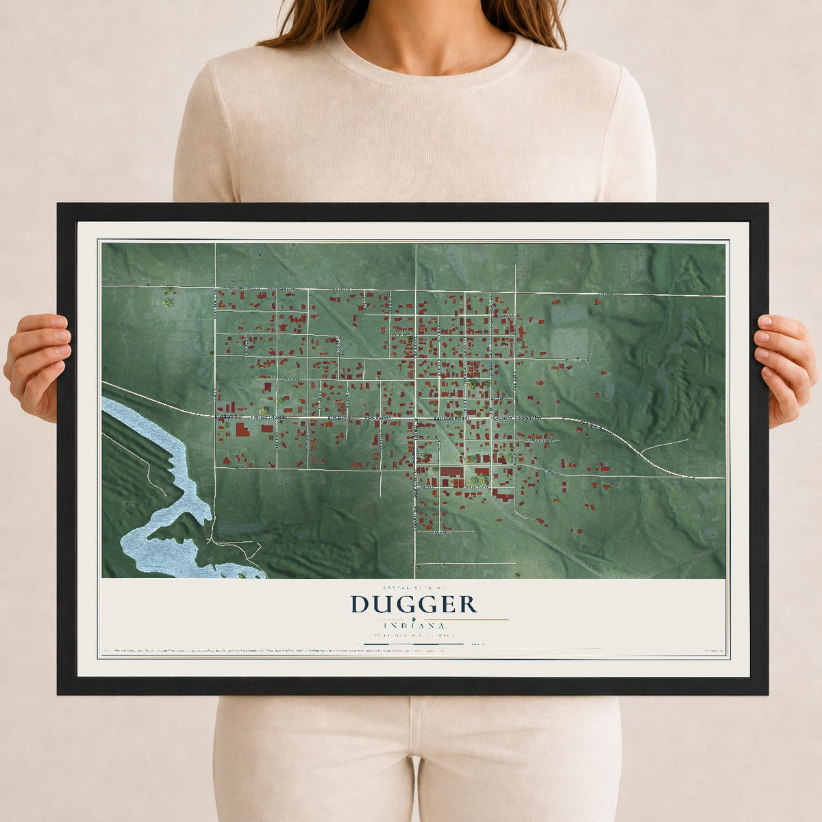 Map of Dugger, Indiana, 12 x 18 inch print in a black wood frame