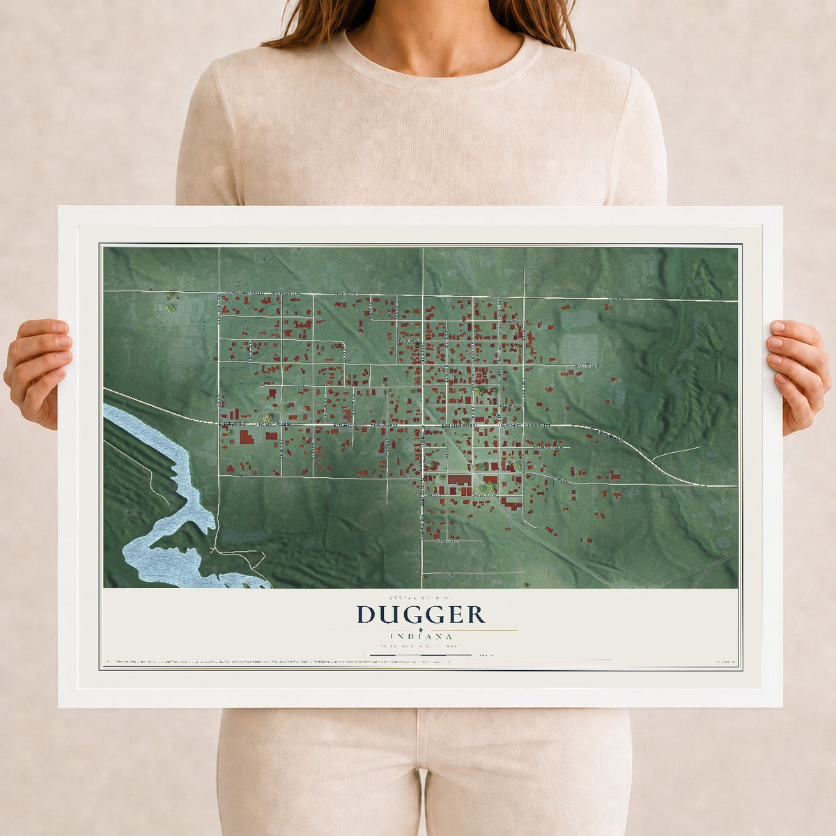 Map of Dugger, Indiana, 12 x 18 inch print in a white wood frame