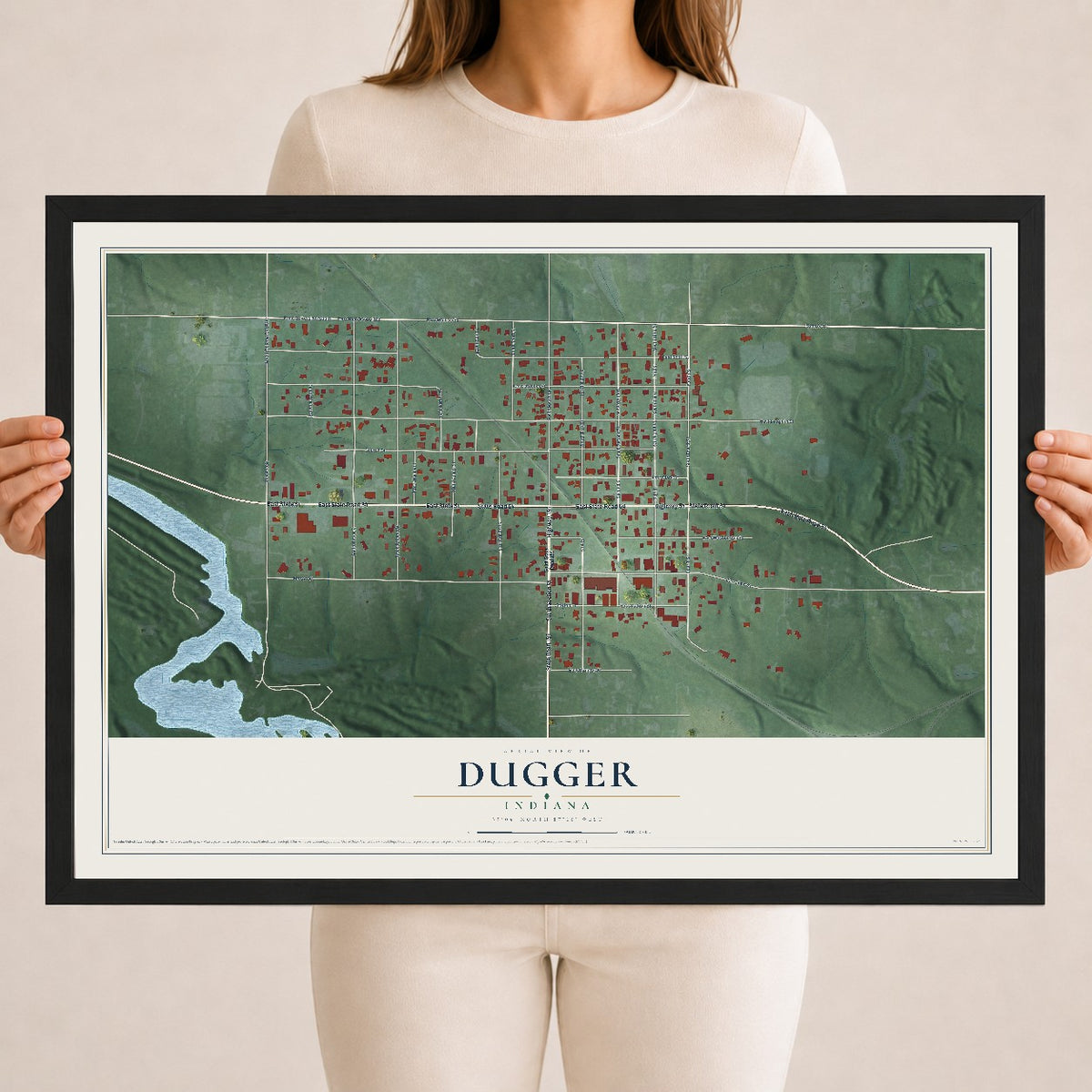 Map of Dugger, Indiana, 18 x 24 inch print in a black wood frame