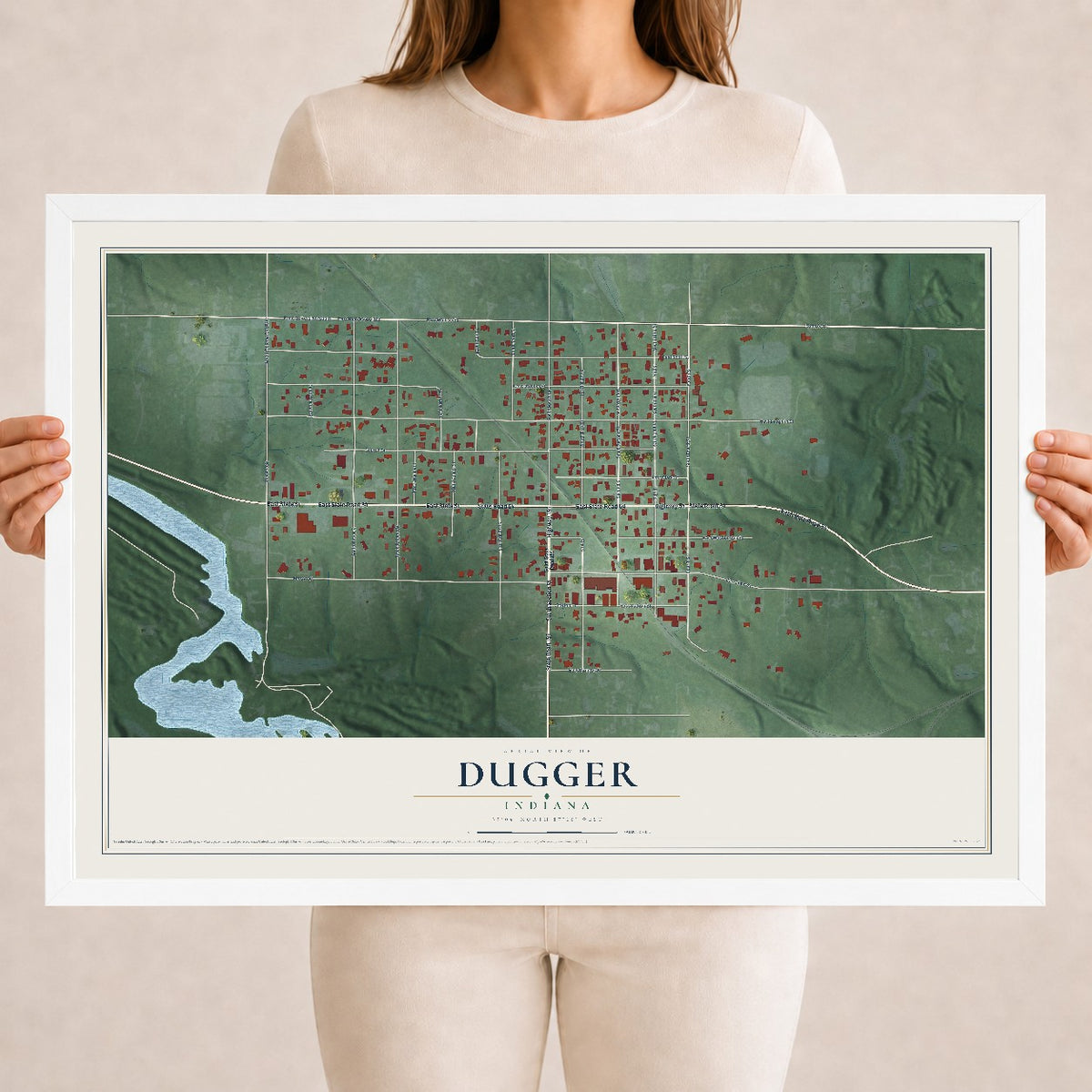 Map of Dugger, Indiana, 18 x 24 inch print in a white wood frame