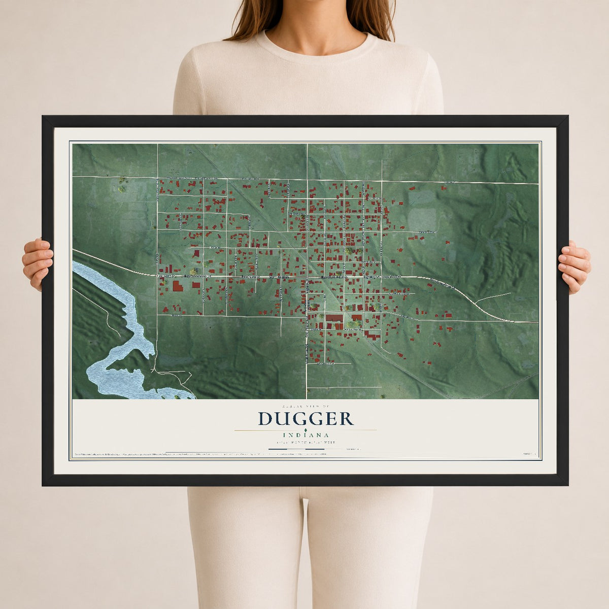 Map of Dugger, Indiana, 24 x 36 inch print in a black wood frame