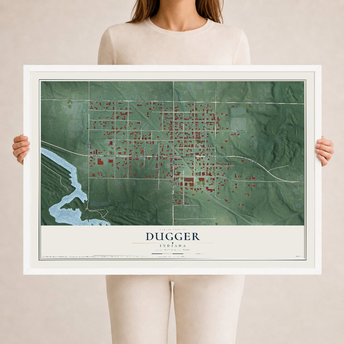 Map of Dugger, Indiana, 24 x 36 inch print in a white wood frame