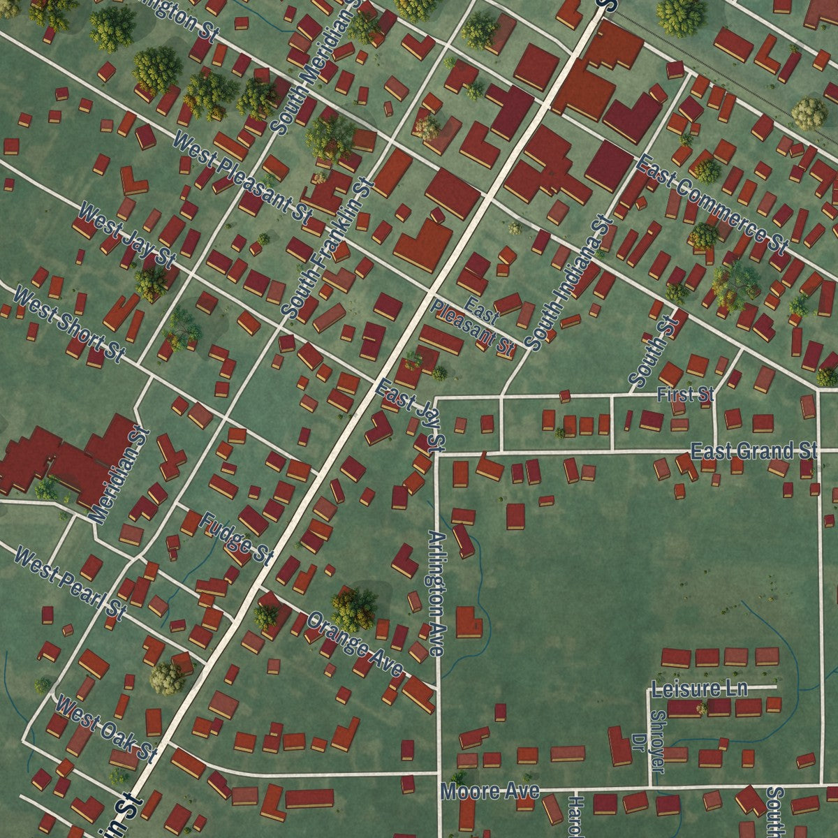 Close-up of the map of Dunkirk, Indiana print showing street and building detail