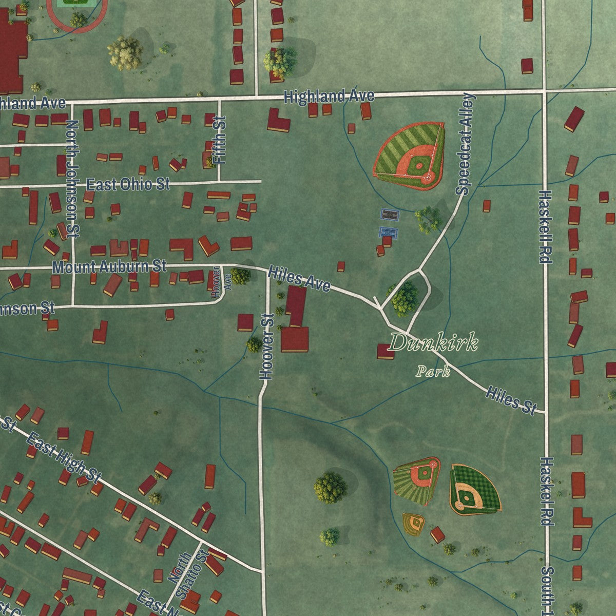 Second close-up of the map of Dunkirk, Indiana print showing more streets and buildings