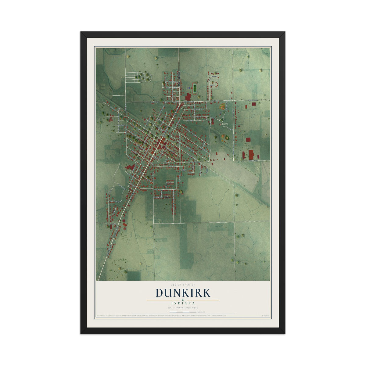 Map of Dunkirk, Indiana, 12 x 18 inch print in a black wood frame
