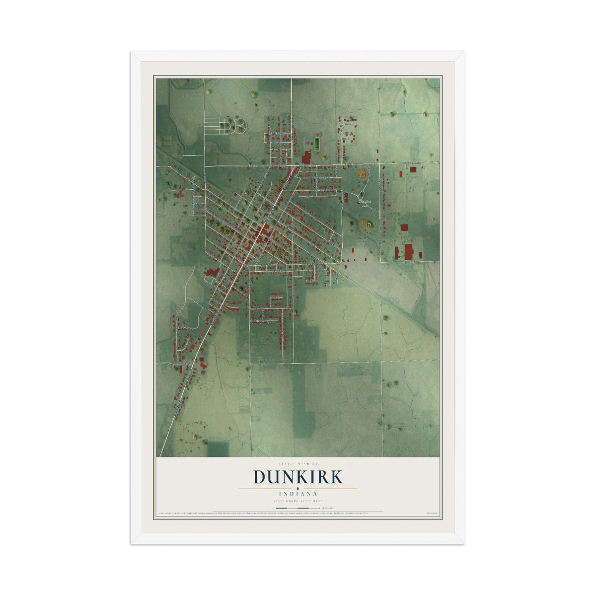 Map of Dunkirk, Indiana, 12 x 18 inch print in a white wood frame