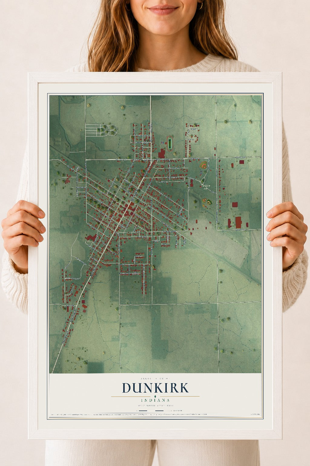 Map of Dunkirk, Indiana, 18 x 24 inch print in a white wood frame