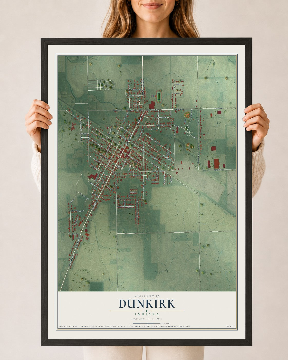 Map of Dunkirk, Indiana, 24 x 36 inch print in a black wood frame
