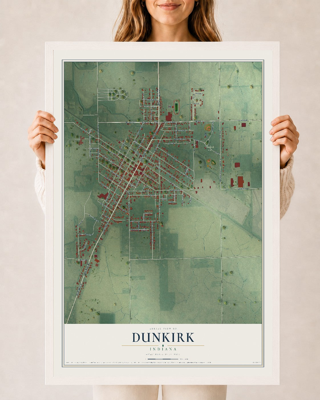 Map of Dunkirk, Indiana, 24 x 36 inch print in a white wood frame