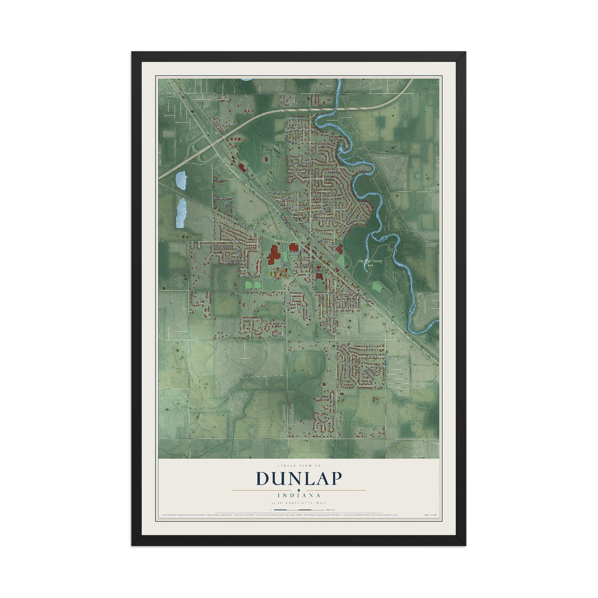 Map of Dunlap, Indiana, 12 x 18 inch print in a black wood frame