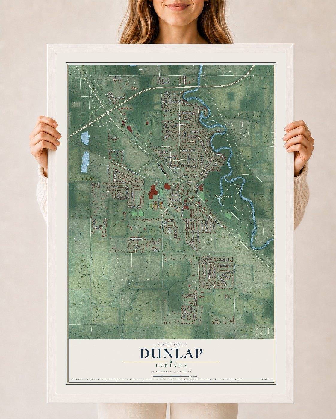 Map of Dunlap, Indiana, 24 x 36 inch print in a white wood frame