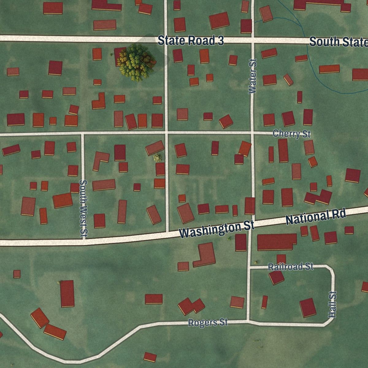 Close-up of the map of Dunreith, Indiana print showing street and building detail