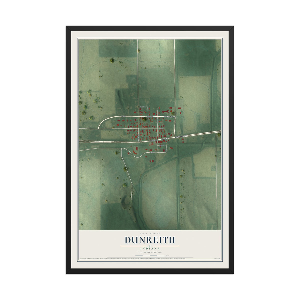 Map of Dunreith, Indiana, 12 x 18 inch print in a black wood frame