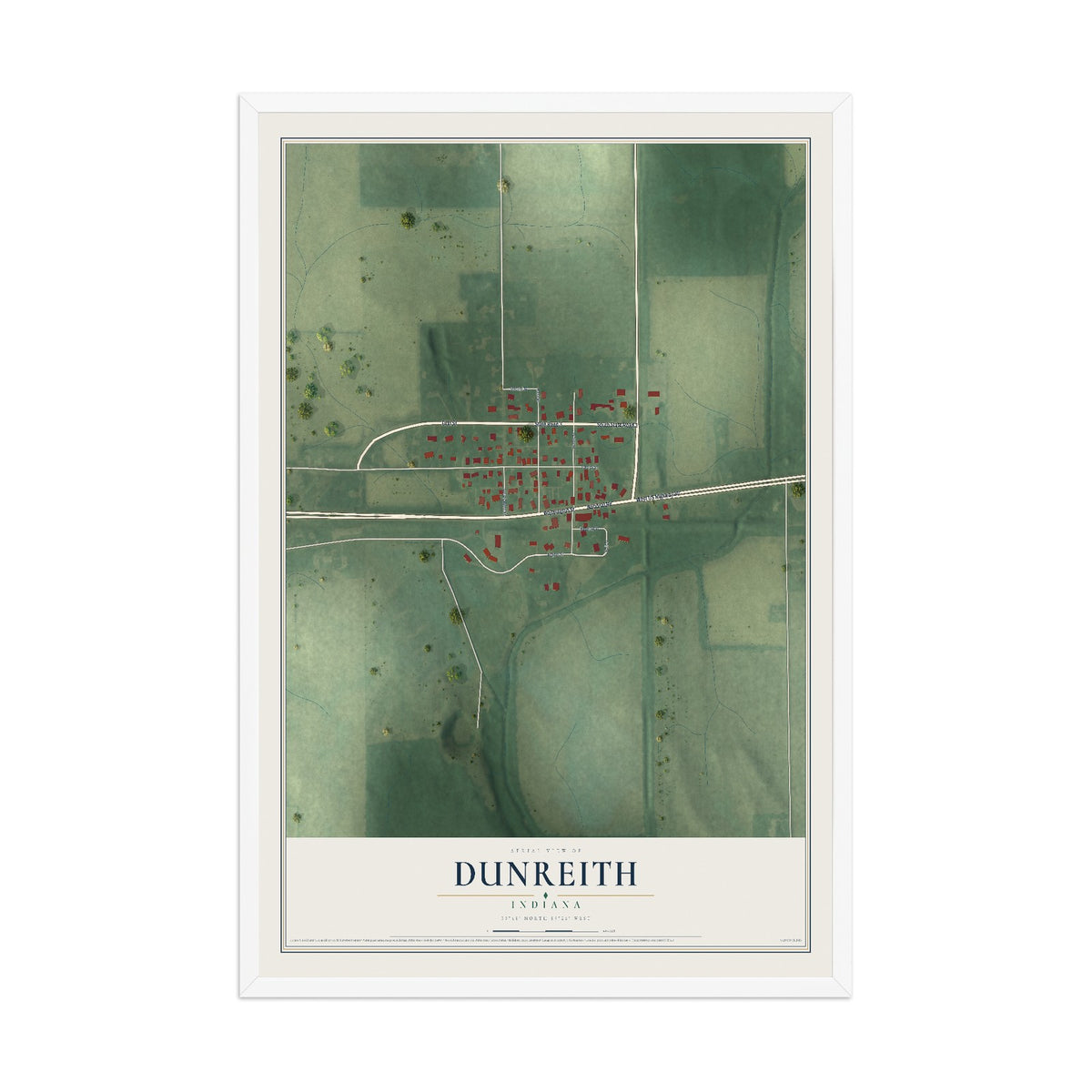 Map of Dunreith, Indiana, 12 x 18 inch print in a white wood frame
