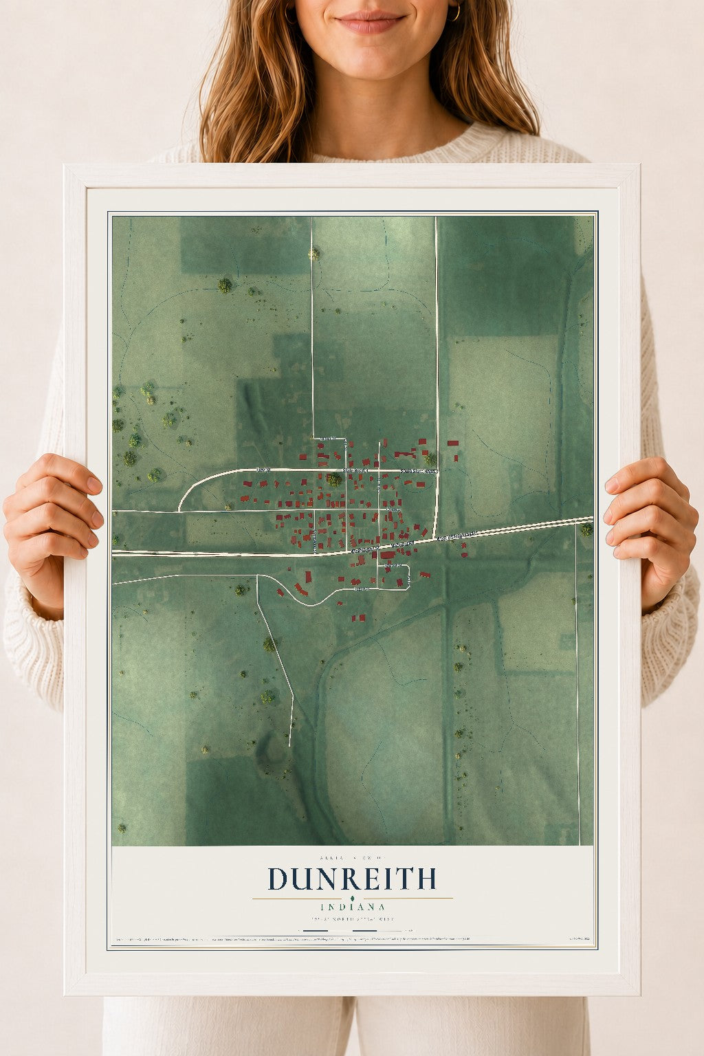 Map of Dunreith, Indiana, 18 x 24 inch print in a white wood frame