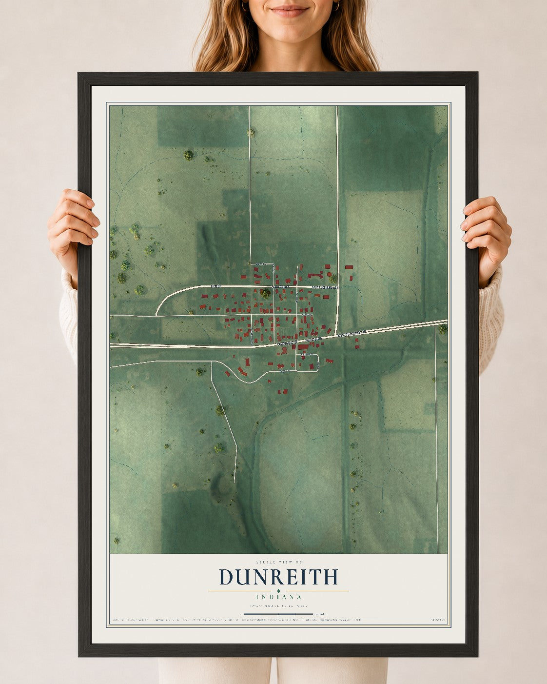 Map of Dunreith, Indiana, 24 x 36 inch print in a black wood frame