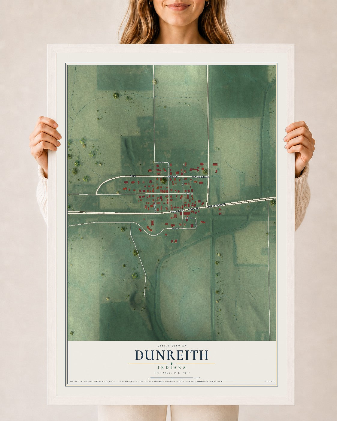 Map of Dunreith, Indiana, 24 x 36 inch print in a white wood frame