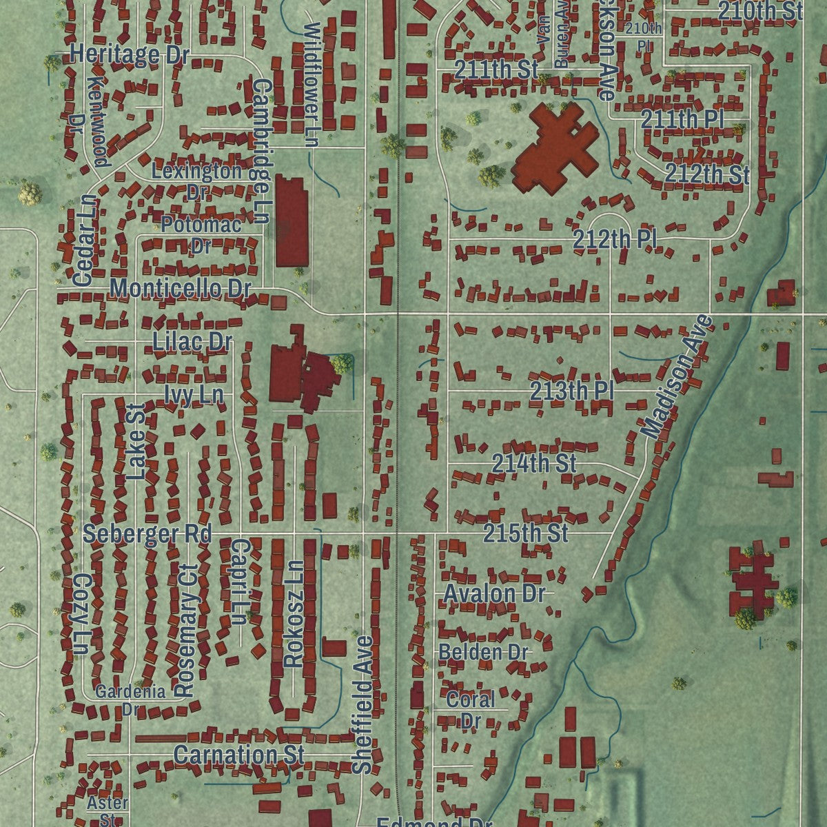 Close-up of the map of Dyer, Indiana print showing street and building detail