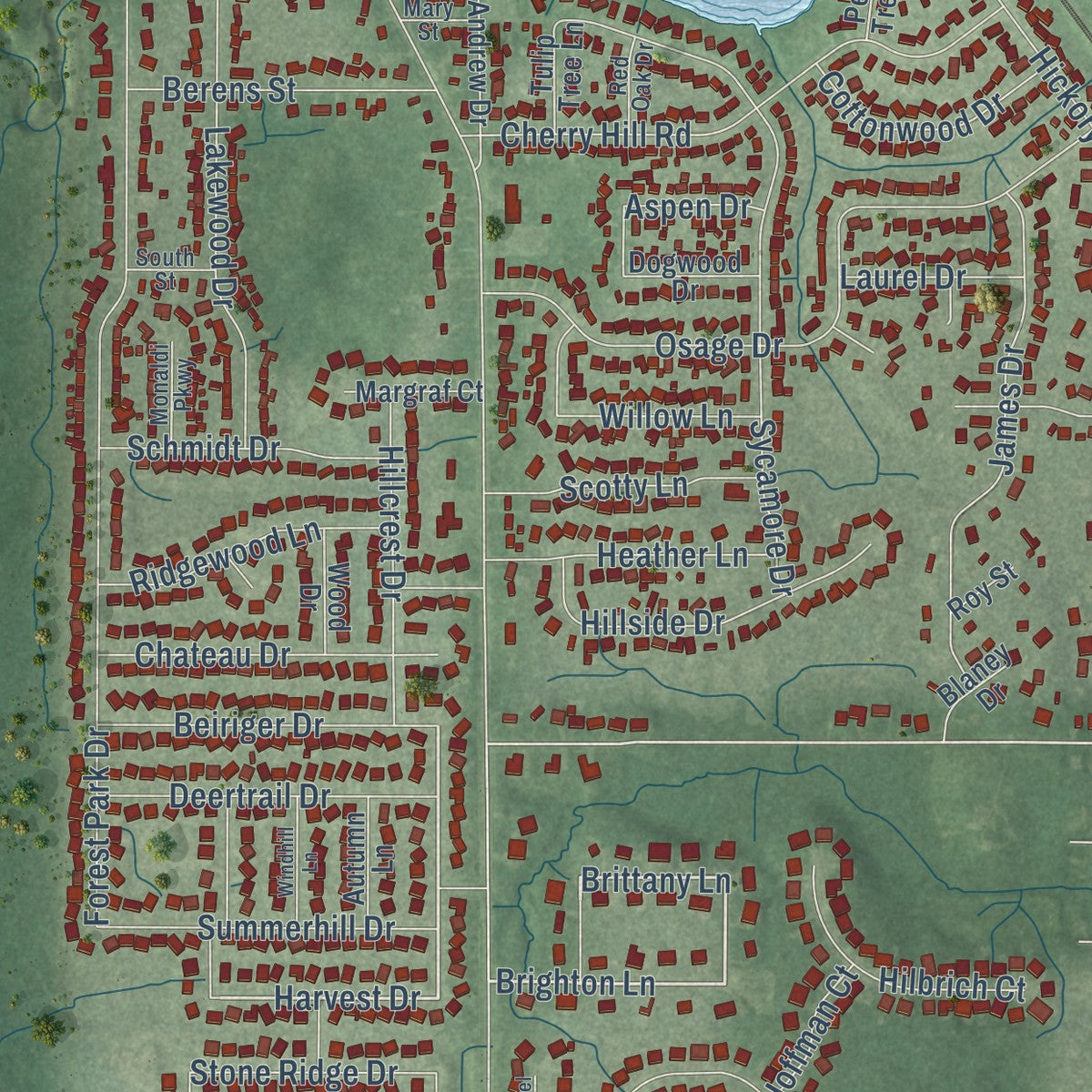Second close-up of the map of Dyer, Indiana print showing more streets and buildings