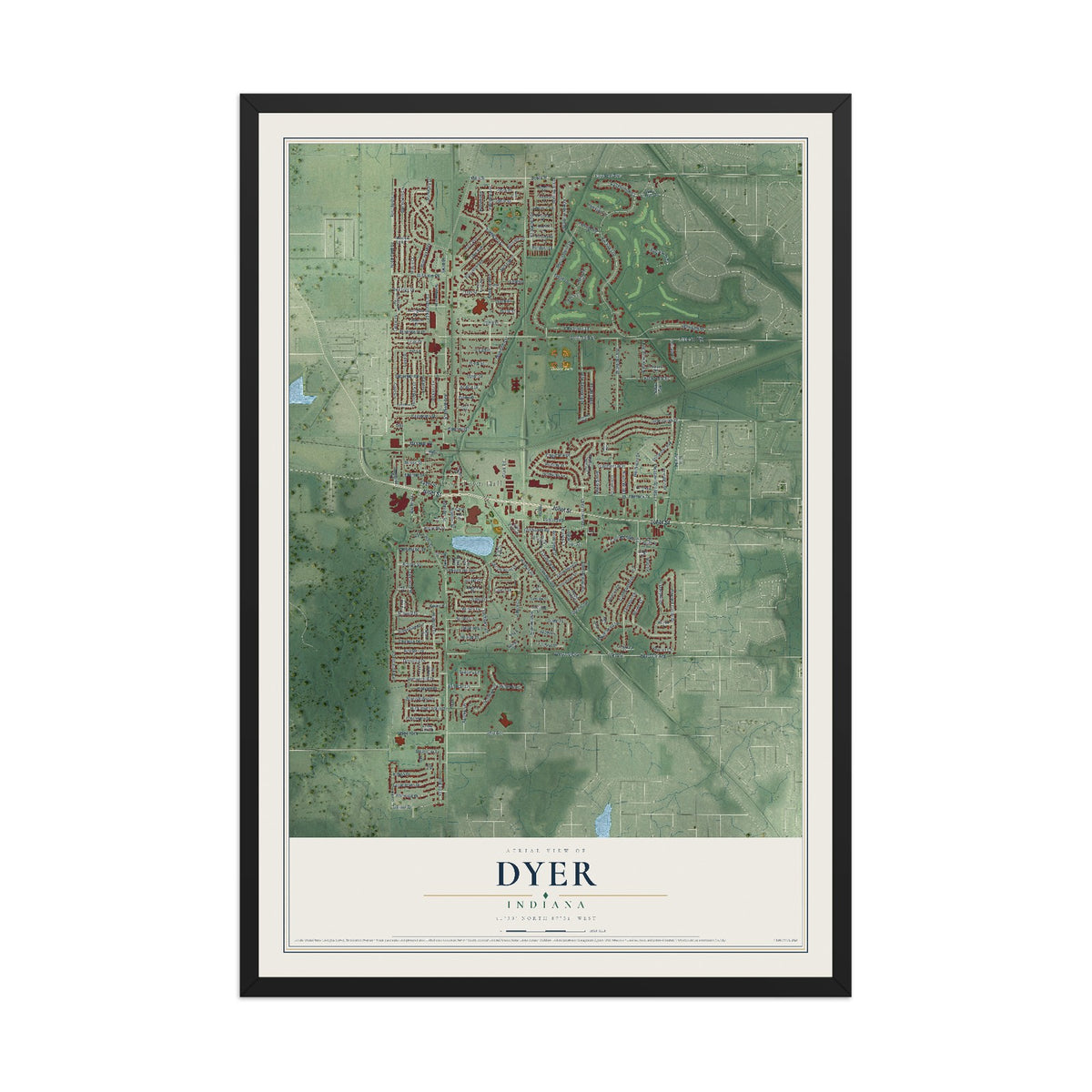 Map of Dyer, Indiana, 12 x 18 inch print in a black wood frame