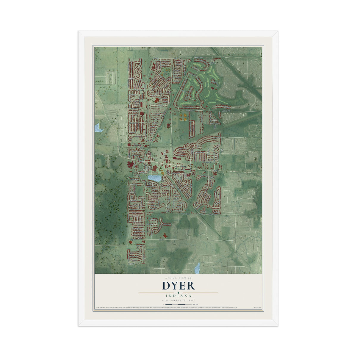 Map of Dyer, Indiana, 12 x 18 inch print in a white wood frame