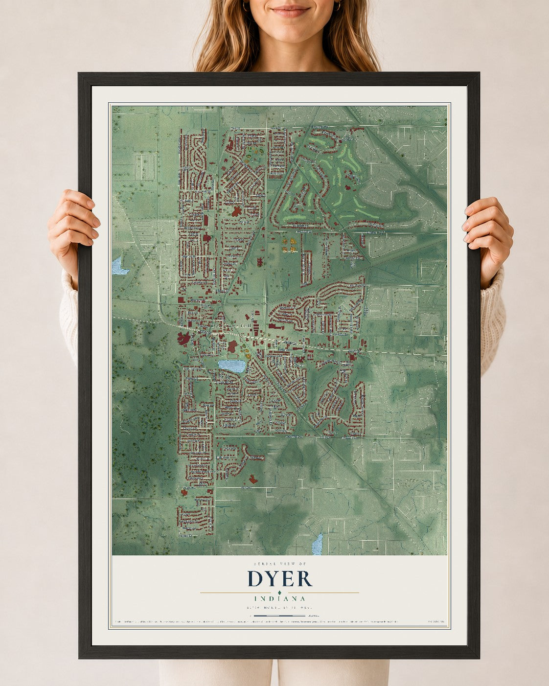 Map of Dyer, Indiana, 24 x 36 inch print in a black wood frame