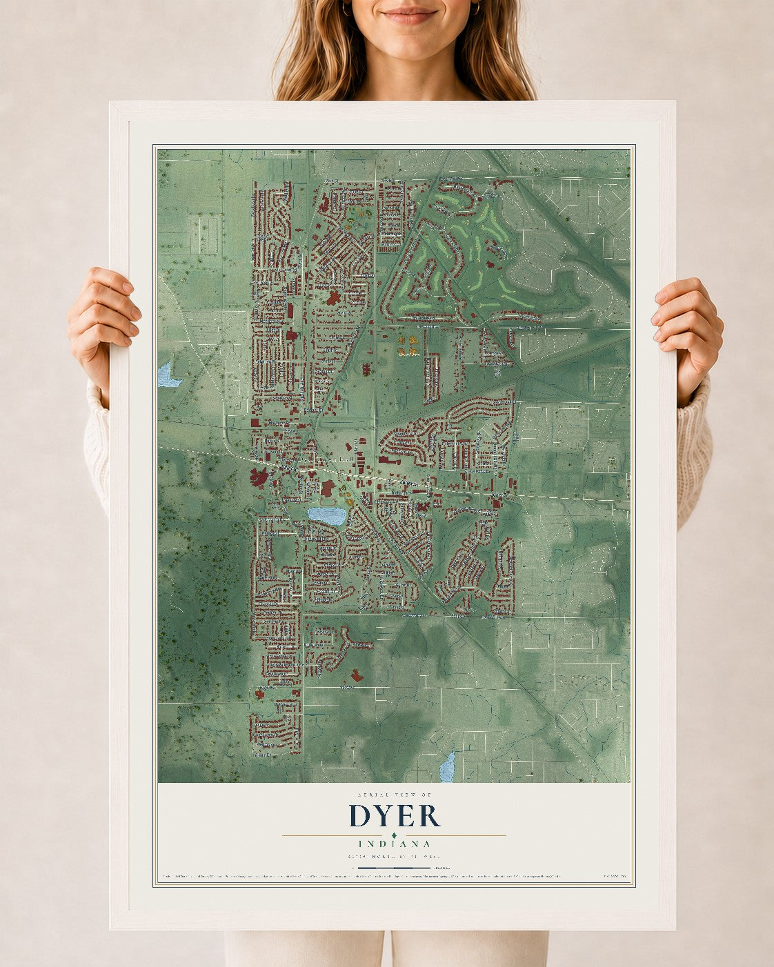 Map of Dyer, Indiana, 24 x 36 inch print in a white wood frame