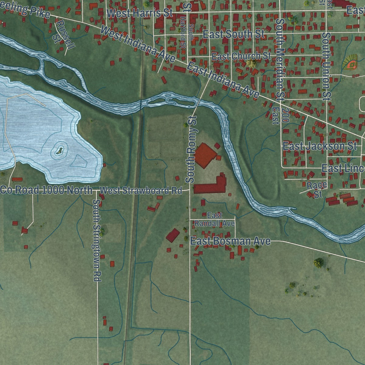 Close-up of the map of Eaton, Indiana print showing street and building detail