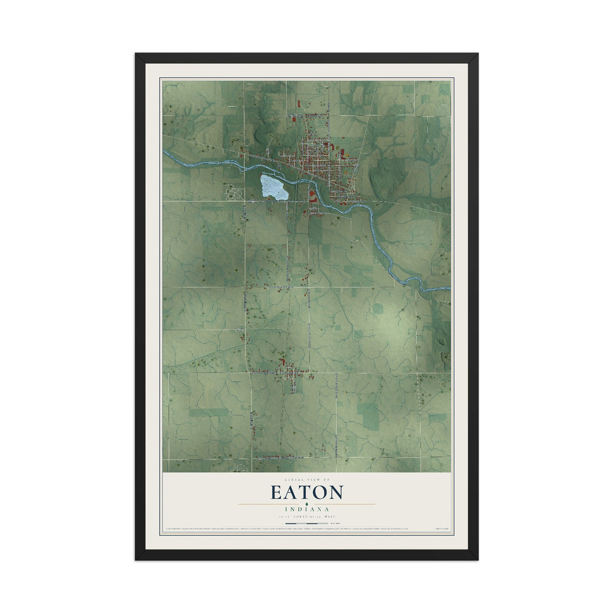 Map of Eaton, Indiana, 12 x 18 inch print in a black wood frame