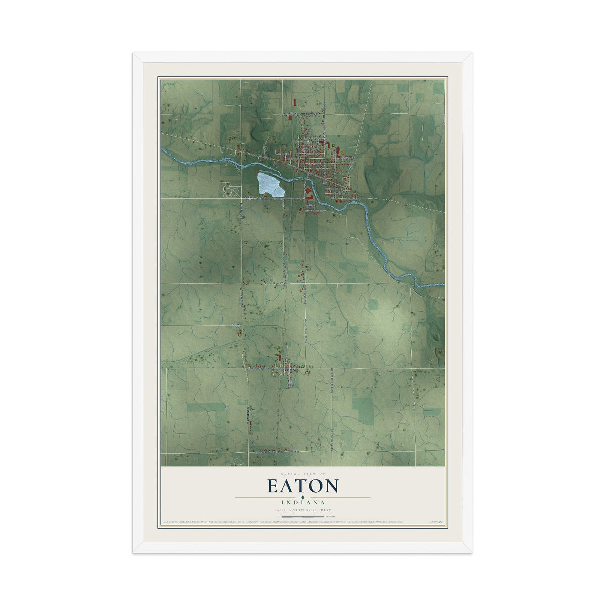 Map of Eaton, Indiana, 12 x 18 inch print in a white wood frame