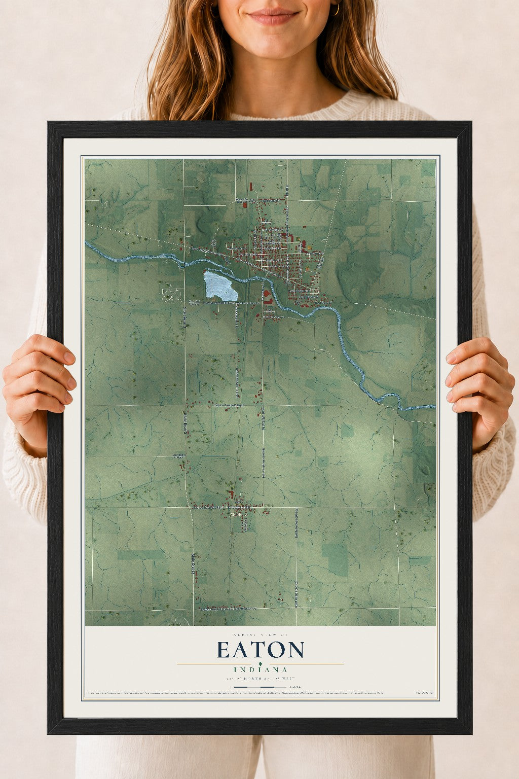 Map of Eaton, Indiana, 18 x 24 inch print in a black wood frame