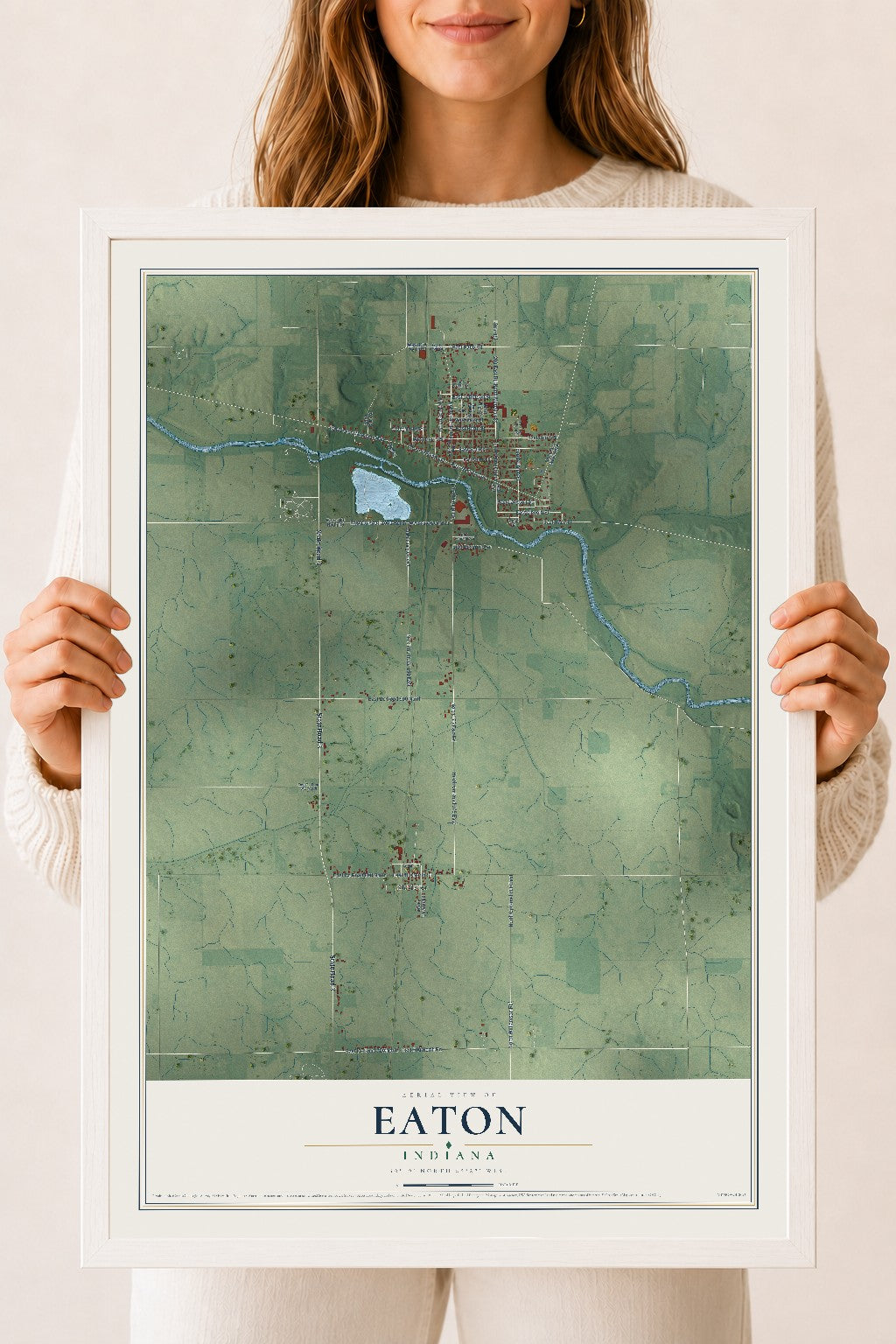Map of Eaton, Indiana, 18 x 24 inch print in a white wood frame