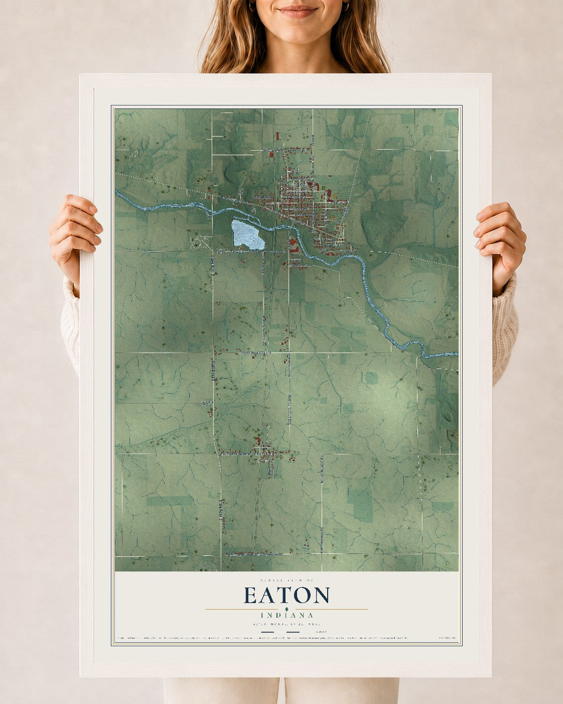 Map of Eaton, Indiana, 24 x 36 inch print in a white wood frame