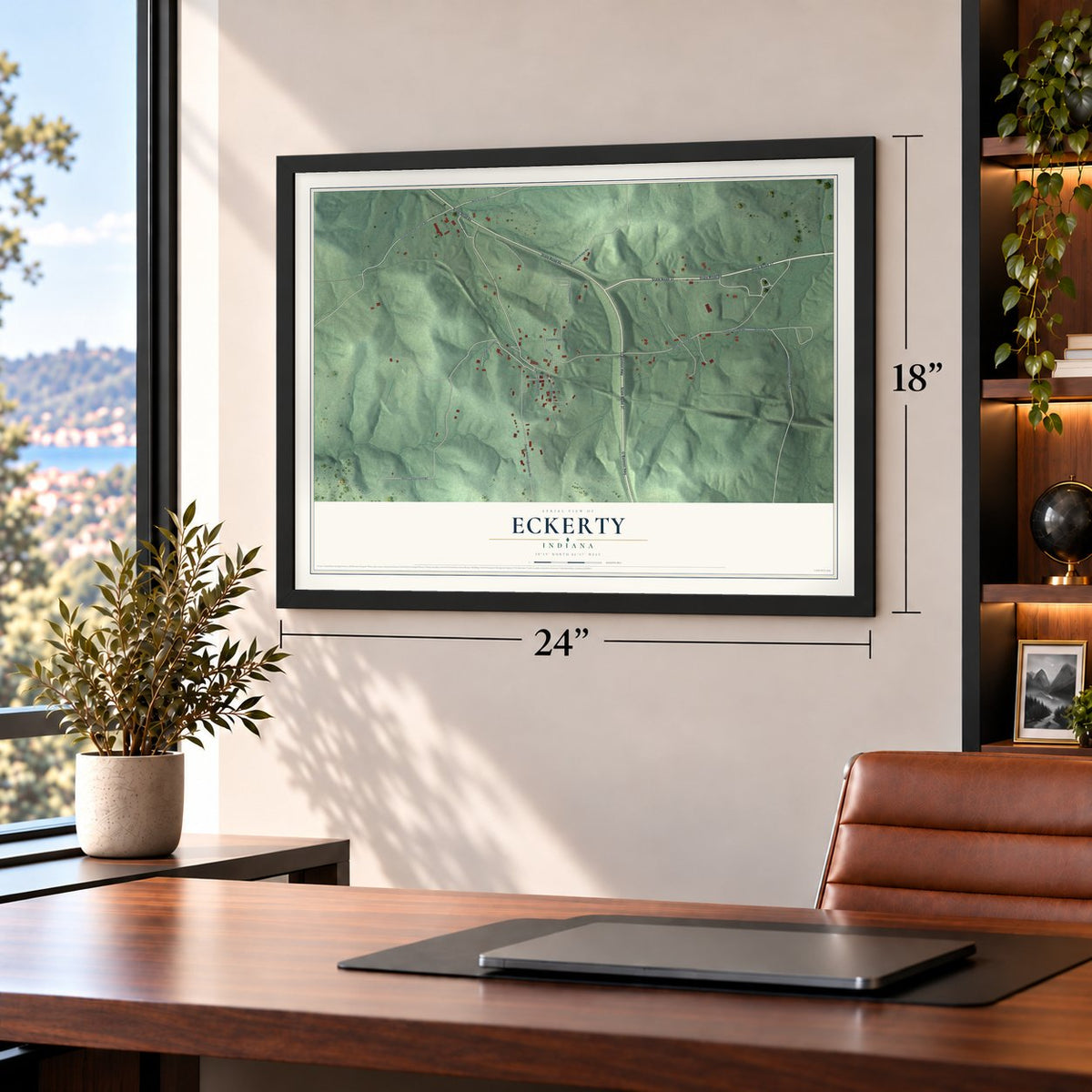 Eckerty, Indiana map, 18 x 24 inch print in a black frame in a home office