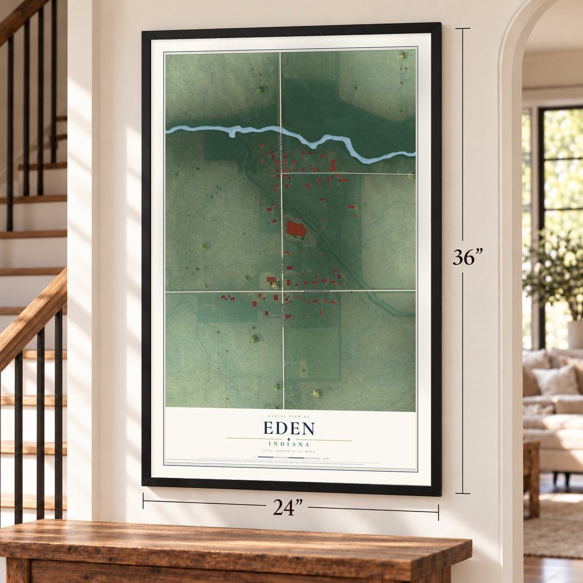 Eden, Indiana map, 24 x 36 inch print in a black frame by a staircase