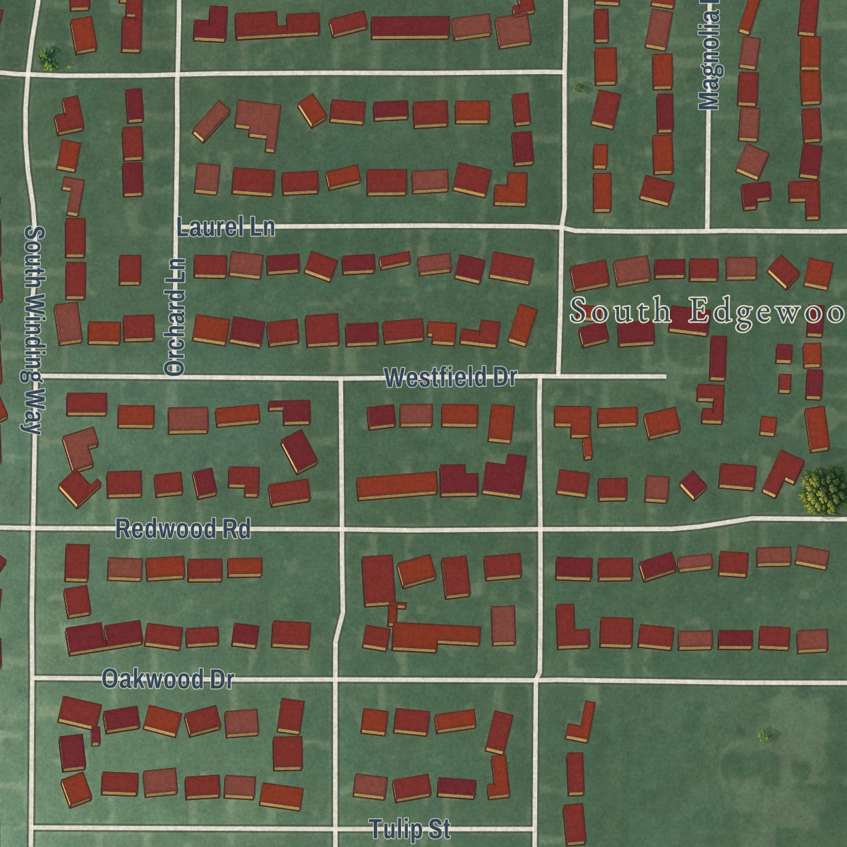 Close-up of the map of Edgewood, Indiana print showing street and building detail