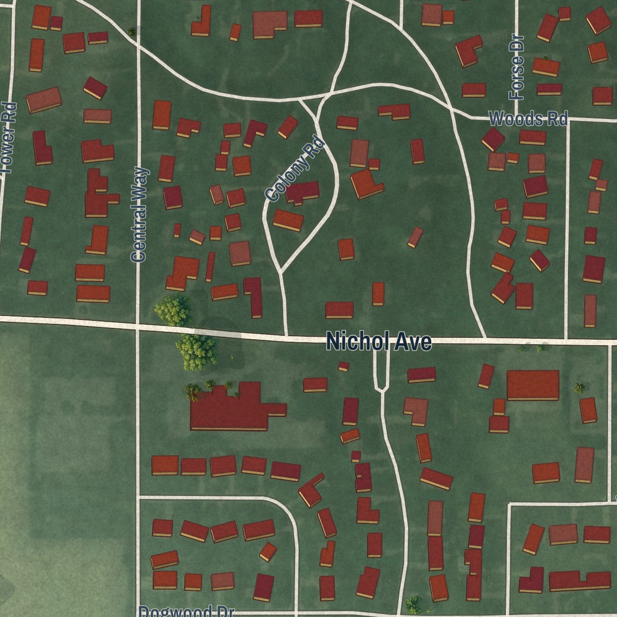 Second close-up of the map of Edgewood, Indiana print showing more streets and buildings
