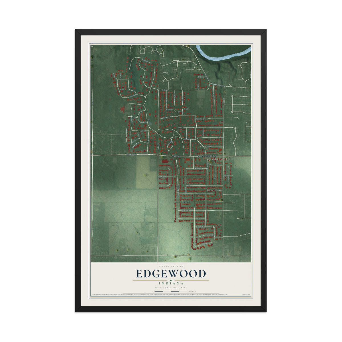 Map of Edgewood, Indiana, 12 x 18 inch print in a black wood frame