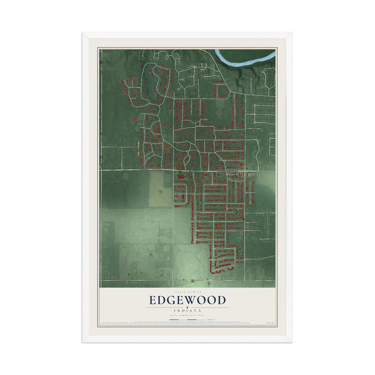 Map of Edgewood, Indiana, 12 x 18 inch print in a white wood frame