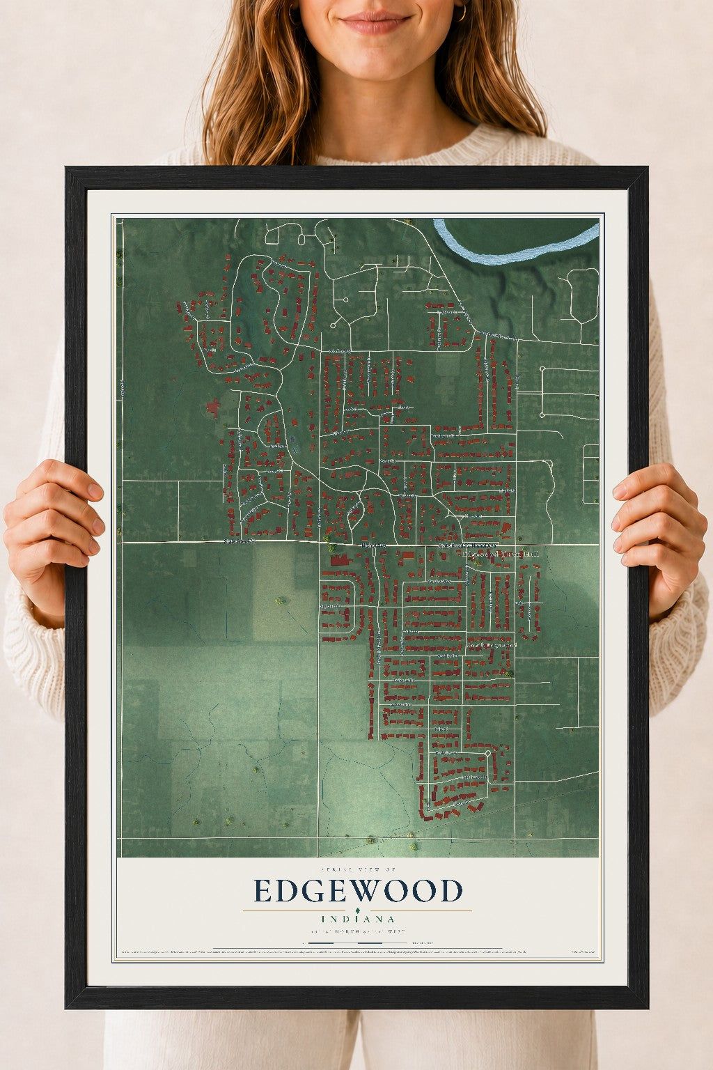 Map of Edgewood, Indiana, 18 x 24 inch print in a black wood frame
