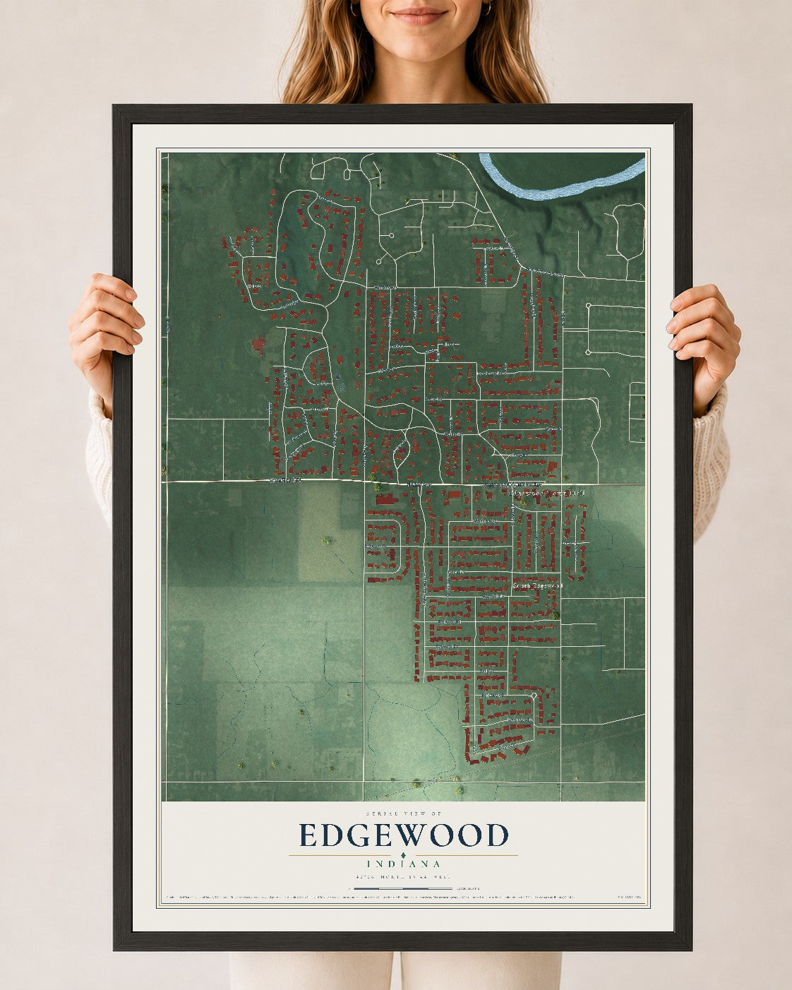 Map of Edgewood, Indiana, 24 x 36 inch print in a black wood frame