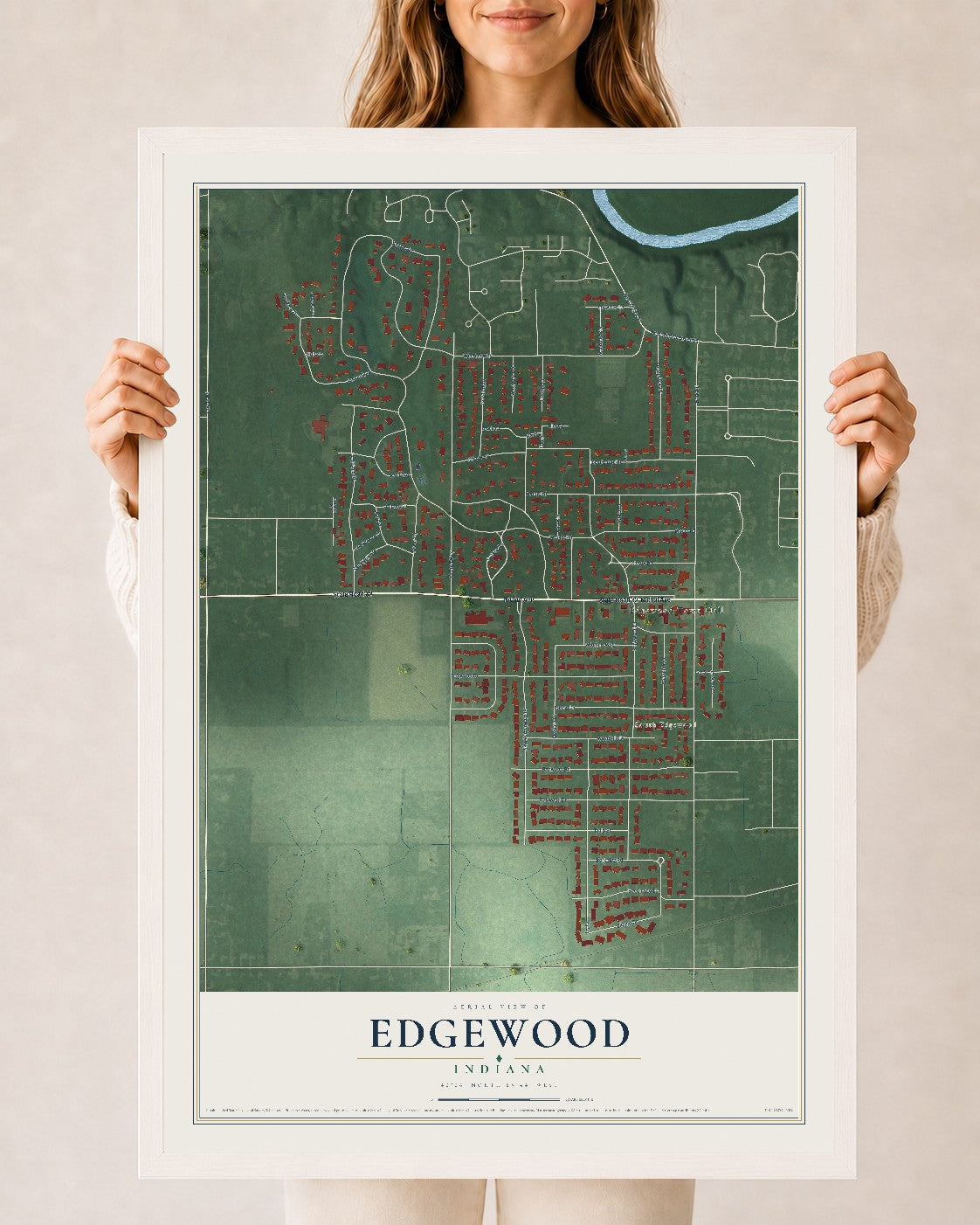 Map of Edgewood, Indiana, 24 x 36 inch print in a white wood frame