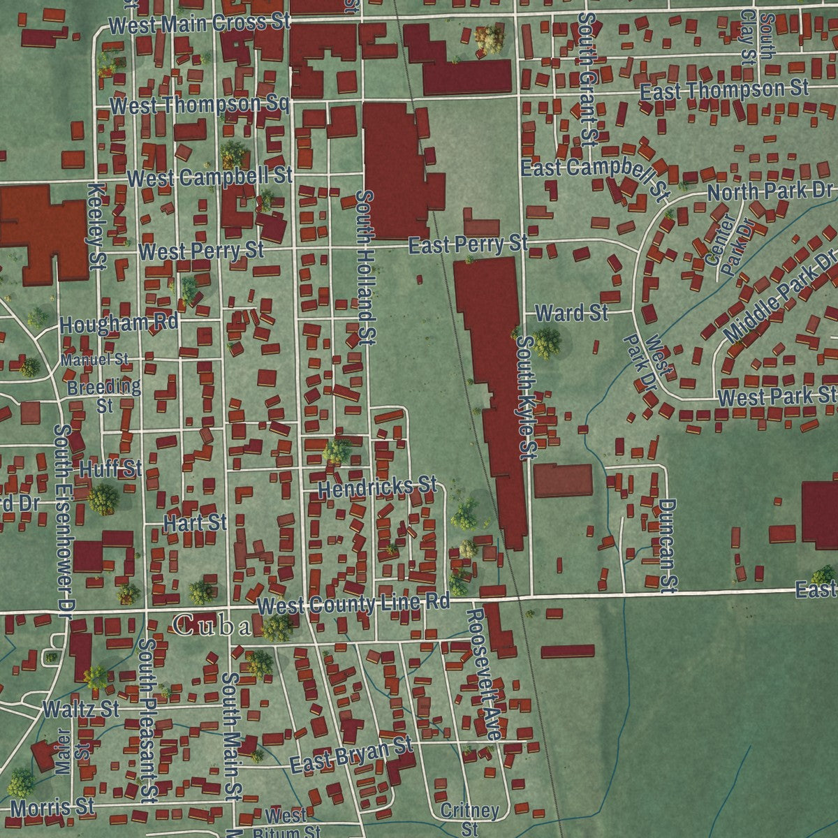 Close-up of the map of Edinburgh, Indiana print showing street and building detail