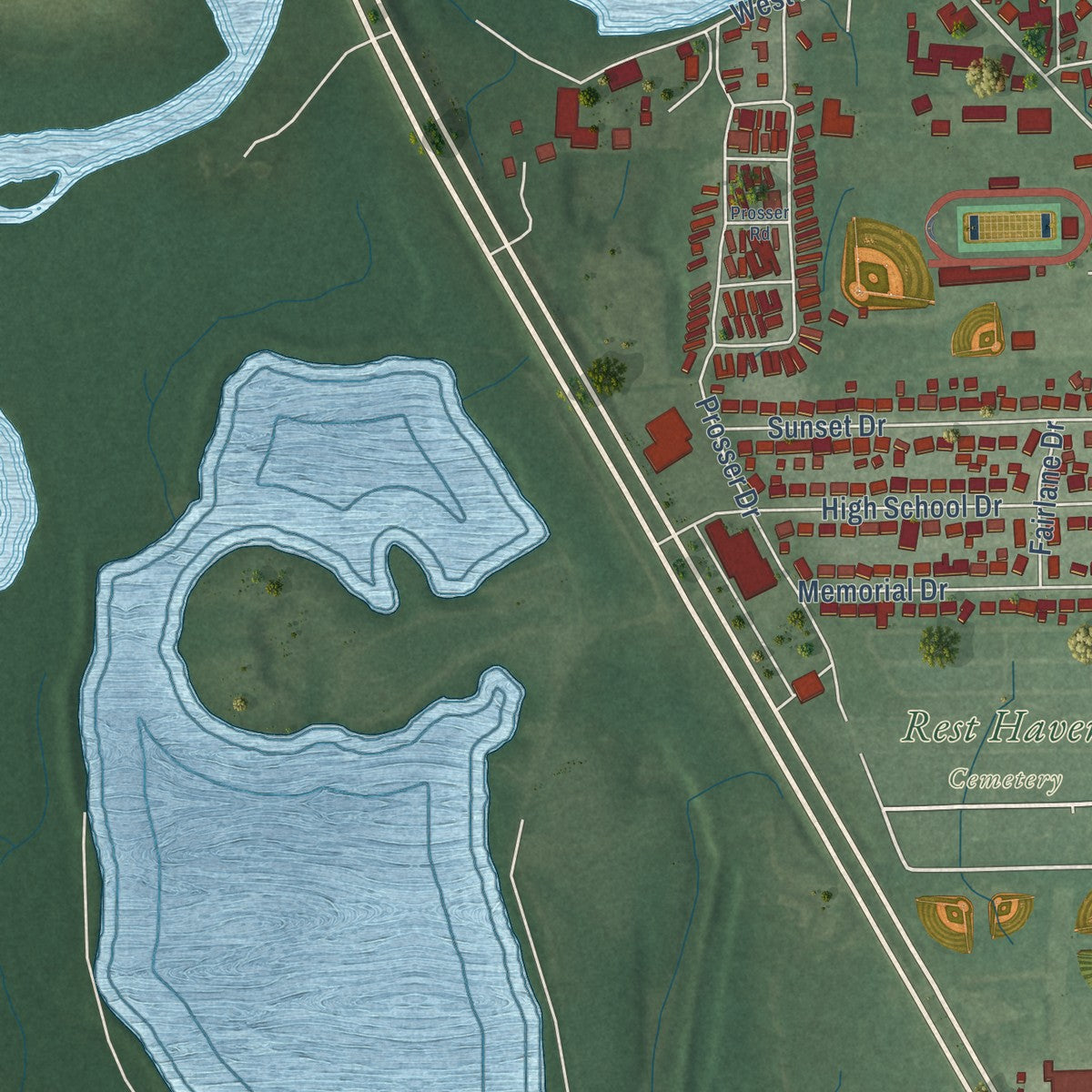 Second close-up of the map of Edinburgh, Indiana print showing more streets and buildings