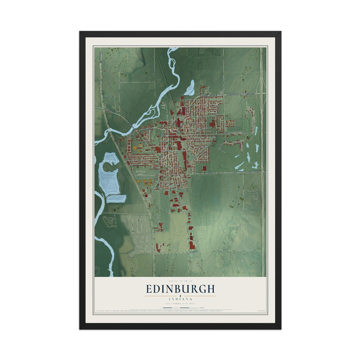 Map of Edinburgh, Indiana, 12 x 18 inch print in a black wood frame