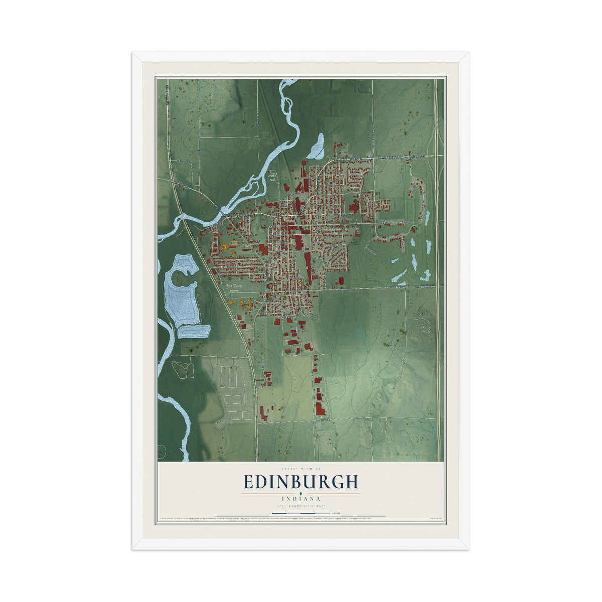 Map of Edinburgh, Indiana, 12 x 18 inch print in a white wood frame