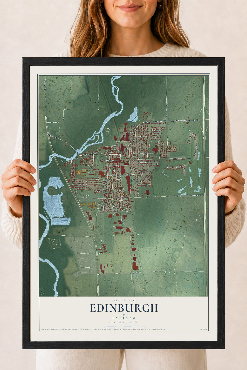 Map of Edinburgh, Indiana, 18 x 24 inch print in a black wood frame