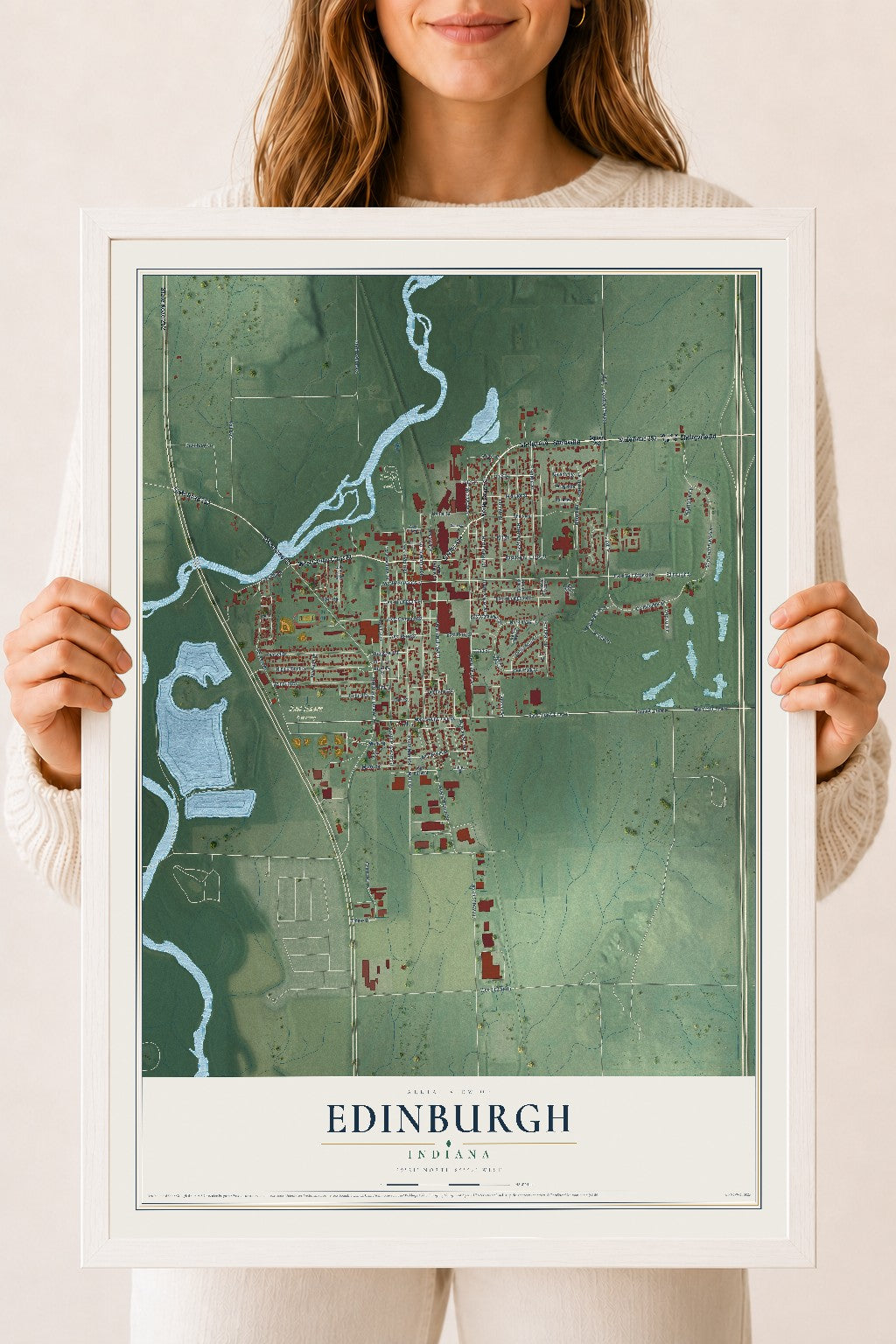 Map of Edinburgh, Indiana, 18 x 24 inch print in a white wood frame