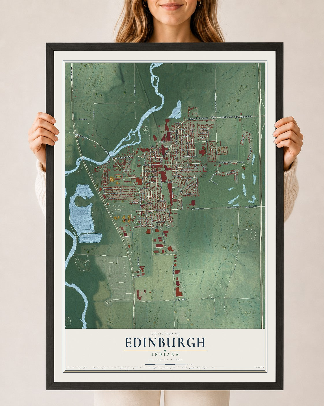 Map of Edinburgh, Indiana, 24 x 36 inch print in a black wood frame