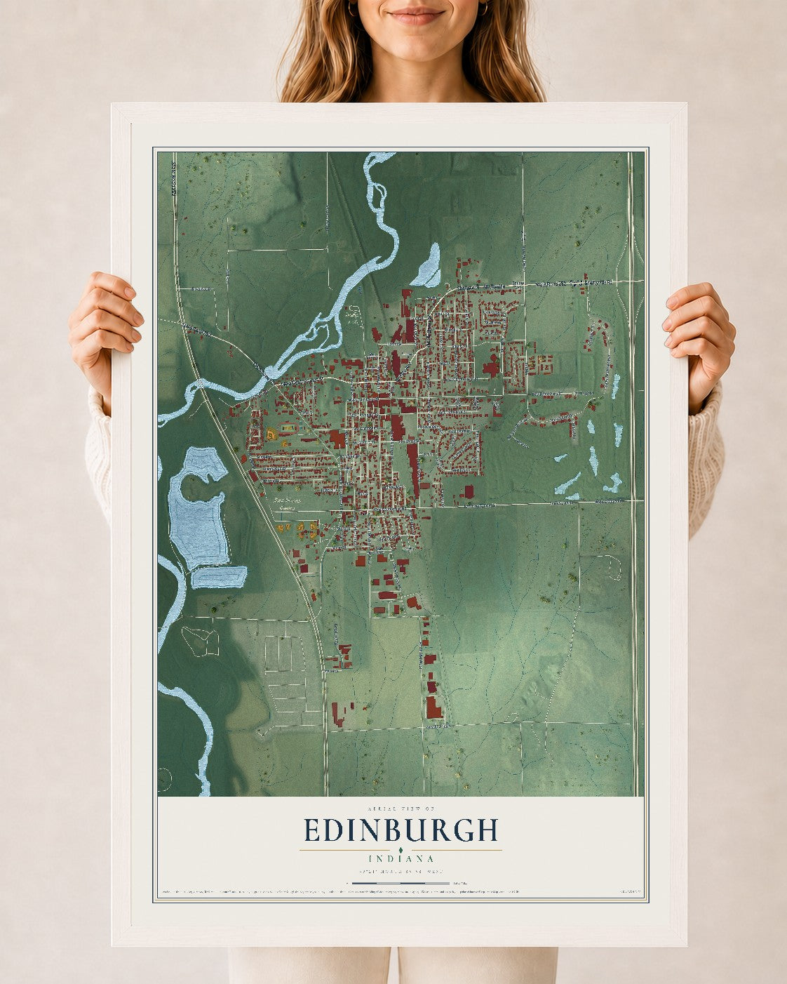 Map of Edinburgh, Indiana, 24 x 36 inch print in a white wood frame